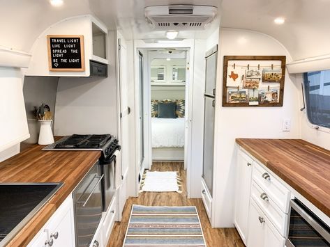 Kitchen Outlets, Custom Butcher Block, Airstream With Bunkbeds, Airstream Caravel 20fb Interior, Kohler Kitchen, Airstream Touring Coach, Vintage Airstream Land Yacht, Airstream Atlas, Kitchen Led Lighting