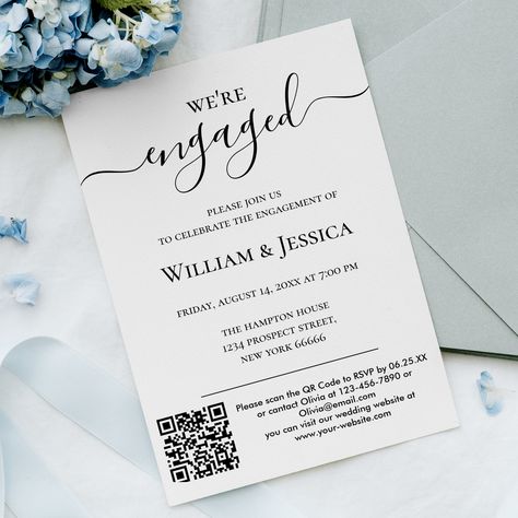 This customizable engagement party invitation features a modern, simple and minimalist design, perfect for couples who prefer a contemporary aesthetic. The invitation also includes a box where you can add your website URL and generate a QR code, making it easy for your guests to access the details of your special dayand to RSVP online. The sleek design and convenient features make this invitation a great choice for couples who want to make a stylish and practical impression. Invitation With Qr Code, Rsvp Online, Wedding Stationery Design, Simple Invitation, Modern Invitation, Engagement Party Invitations, Contemporary Aesthetic, Text Style, Wedding Website