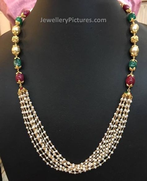 Multi layer pearl gold necklace with small white pearls and red and gree beads along with south sea pearls. For price and weight detail contact: Bhavani Jewellers, Phone: 9908194122 Related PostsIndian Pearl Jewellery Designs CatalogueSouth Indian Pearl Jewellery DesignsPearl Gold Necklace DesignsPearl Long Chain in GoldDesigner Gold JewelleryThree Step Pearls Mala Long chain Pearl Jewellery Designs, Pearls Mala, Pearl And Gold Necklace, Small Pearl Necklace, Pearl Gold Necklace, Gold Jewelry Prom, Delicate Gold Jewelry, Gold Pearl Jewelry, Neck Pieces Jewelry