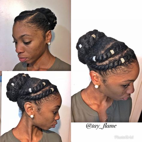 Natural hair faux bun! Marley hair sleek bun updo with twists Nurses Hairstyle, Sleek Bun Updo, Marley Hair Bun, Updo With Twists, Faux Bun, Free Hairstyles, Natural Hair Flat Twist, Two Buns Hairstyle, Marley Twist Hairstyles