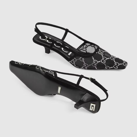 Women's GG slingback pump in black mesh with crystals | GUCCI® UK Gucci Slingback, Gucci Aria, Gucci Pumps, Gucci Store, Mid Heel Shoes, Slingback Shoes, Trendy Sneakers, Slingback Heel, Beauty Items