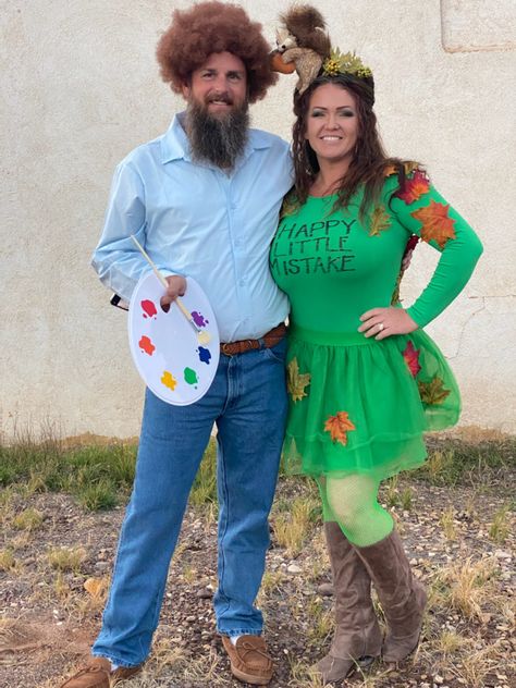 Bob Ross And Tree Costume, Bob Ross Halloween Costume Couple, Bob Ross Trunk Or Treat, Happy Little Tree Costume, Bob Ross Couple Costume, Bob Ross Halloween Costume, Bob Ross Costume, 80s Party Decorations, Tree Costume