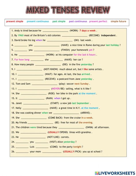 Past Tense Worksheet, Tenses Exercises, Christmas Songs For Kids, All Tenses, Tenses Grammar, Past Continuous, Present Continuous Tense, Simple Present Tense, Simple Past Tense