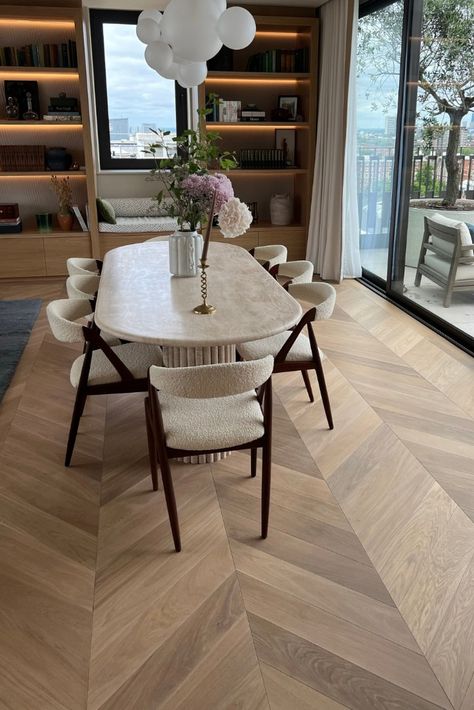 smoked and white oiled oak Chevron flooring Dining Room Floor Ideas, Chevron Living Room, Parquet Dining Room, Chevron Flooring Kitchen, Chevron Flooring Living Room, Parket Floor Modern, Parquet Chevron, Chevron Flooring, Engineered Oak Flooring