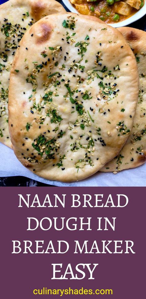 5 ingredient naan dough made in bread machine. It is easy and pairs with Indian curries and meals. Bread Machine Naan, Bread Machine Recipes Healthy, Bread Machine Recipes Sweet, Easy Bread Machine Recipes, Homemade Naan, Homemade Naan Bread, Recipes With Naan Bread, Indian Curries, Bread Maker Recipes