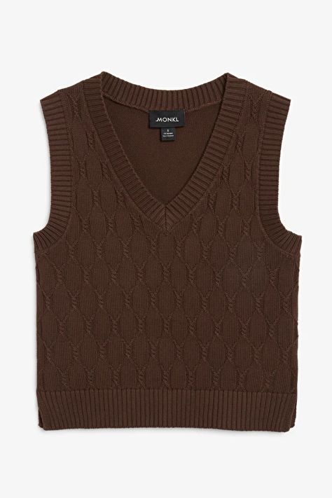 Goblincore Clothes, Fashion Brand Company, Knitted Vests, Vintage Sweater Vest, Cable Knit Vest, Brown Knit Sweater, Brown Vest, Coffee Fashion, Turtleneck Shirt