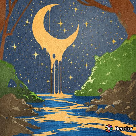 Moonlight on the River; Gradient colors with art paper effect Moonlight On A River, Pretty Moon Drawing, Sun And Ocean Drawing, Storybook Art Vintage, River Mural, Moonlight On The River, Moonlight Drawing, Trippy Moon, Drawing Cartoon Characters Sketches