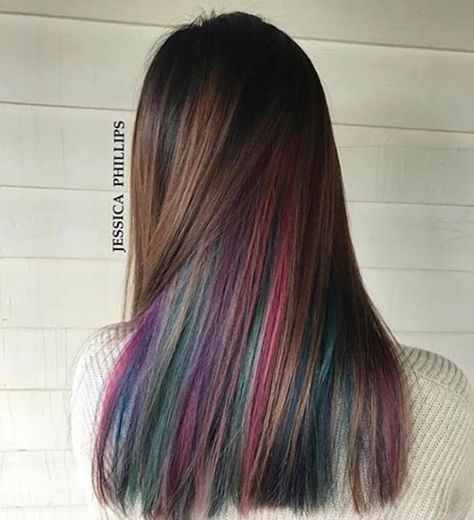 Belage Hair, Peacock Hair Color, Oil Slick Hair Color, Under Hair Color, Indian Hair Cuts, Biolage Hair, Oil Slick Hair, Hidden Hair Color, Peekaboo Hair Colors