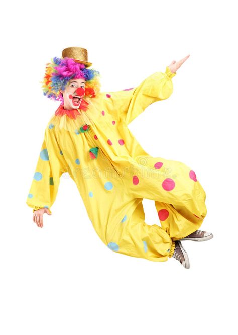 Full length portrait of a male clown jumping. Isolated on white background royalty free stock photos Clown Stock Photo, Circus Costumes, Send In The Clowns, Circus Costume, Reaction Images, High Fantasy, Free Stock Photos, Circus, White Background