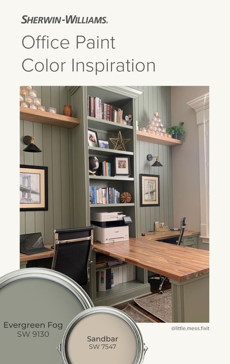 Green Paint Office Design, Sw Retreat Paint Office, Evergreen Fog Office Cabinets, Pine Needle Paint Color, Painting Home Office Walls Ideas, Office Color Paint, Evergreen Fog In Living Room, Office Paint Colors No Windows, Home Office Paint Ideas Cozy