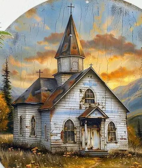 Old Church Paintings, Abandoned Churches, Country Churches, Old Country Churches, Church Pictures, Fabric Collage, Country Church, Old Church, Acrylic Paintings