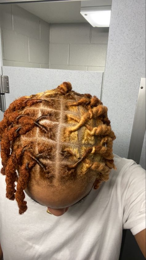 Locs Dread Hairstyles For Men Color, Half And Half Colored Locs, Ginger Dreads Black Man, Half And Half Hair Color Locs, Ginger And Blonde Dreads, Half And Half Locs, Strawberry Blonde Locs, Blonde And Brown Dreads, Ginger Blonde Locs