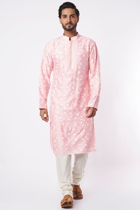 Featuring a pastel pink kurta in art dupion silk base with thread and floral jaal embroidery. It is paired with contrasting off white cotton silk churidar pants.  FIT: True to size. COMPOSITION: Art dupion silk, Cotton silk. CARE: Dry clean only. Jaal Embroidery, Silk Churidar, Pink Kurta, Rohit Bal, Ethnic Design, Dupion Silk, Pants Fit, Indian Fashion Designers, Pernia Pop Up Shop