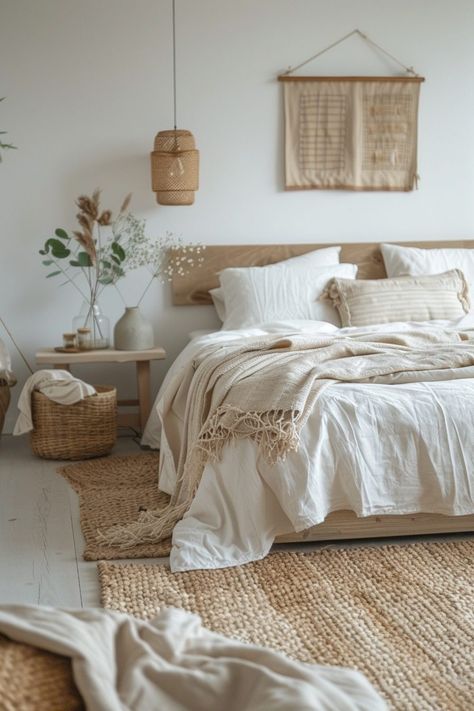 29 Scandi Boho Bedroom Ideas to Elevate Your Bedroom Aesthetic - My Elegant Home Plant Bedroom Aesthetic Boho, California Cool Bedroom, Scandi Boho Bedroom, Scandinavian Bedroom Inspiration, Tiny Boho Bedroom, Boho Guest Bedroom Ideas, Scandinavian Bohemian Interior, Scandi Bedroom Ideas, Scandinavian Interior Design Bedroom