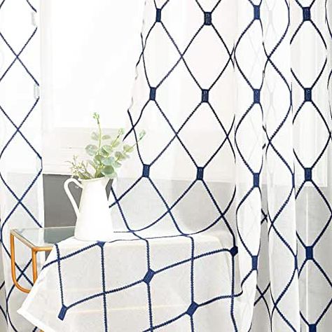 Amazon.com: kitchen curtain panels royal blue white - 51 to 60 Inches / Art Deco / Panels / ...: Home & Kitchen Blue And White Curtains, Short Window Curtains, White Sheer Curtains, Drape Panel, Curtains For Living Room, Curtain Texture, White Curtains, Velvet Curtains, Linen Curtains