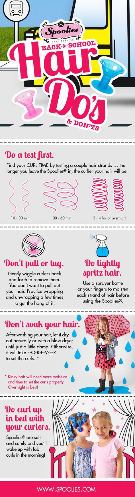 5 Spoolies Hair Curlers Do's and Don'ts for the perfect back to school curly hairdo. Spoolies Hair Curlers, Curlers Tutorial, School Hairdos, Strand Of Hair, Back To School Hair, Cosmetology School, School Hair, Do's And Don'ts, Dress Making Patterns