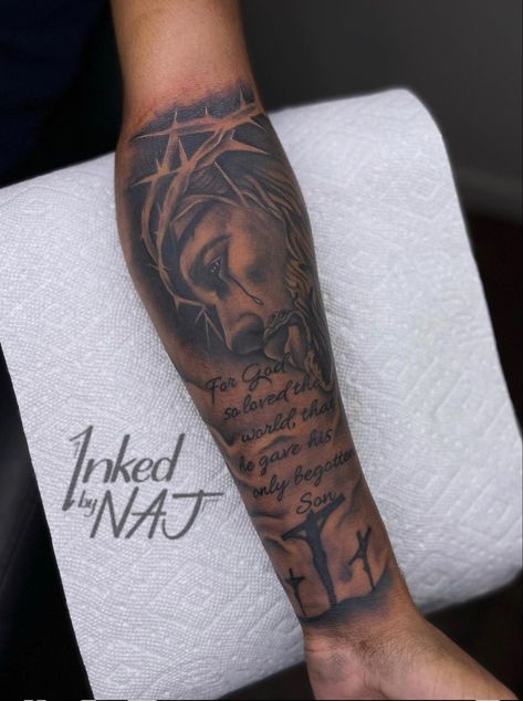 Men’s Forearm Tattoos Sleeve, Tattoo Ideas To Fill In Gaps, I’m God We Trust Tattoo, Jesus Leg Tattoo Men, Cool Tattoos For Guys Unique Arm, Top Of Forearm Tattoo Men, Fill In Tattoo Ideas Sleeve Men, Bible Verse Tattoos For Men Arm, Tattoo Ideas For Men God