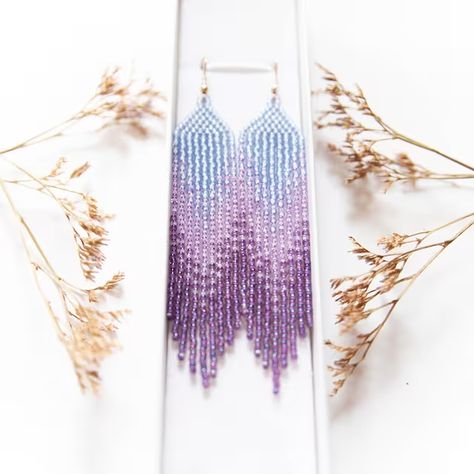 Fringe Beaded Earrings, Tauriel, Purple Beaded, Blue Lavender, Long Fringe, Long Fringes, Classic Earrings, Earrings Bohemian, Miyuki Beads