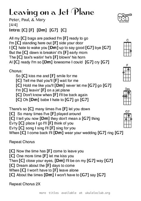 Ukulele chords - Leaving on a Jet Plane by John Denver / Peter, Paul and Mary Ukulele Songs Popular, Kunci Ukulele, Ukulele Tabs Songs, Ukelele Chords Ukulele Songs, Ukulele Songs Beginner, Leaving On A Jet Plane, Ukulele Chords Chart, Ukulele Chords Songs, Uke Songs