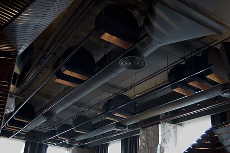 Lighting by PSLab for Shahira H. Fahmy Architects on Gizaon Tamarai Restaurant, Cairo. Black Painted Exposed Ceiling, Black Exposed Ceiling, Exposed Ceiling Design, Dark Painted Ceiling, Painted Beams, Exposed Beams Ceiling, Corner Coffee, Ceiling Solutions, Modern Restaurant Design