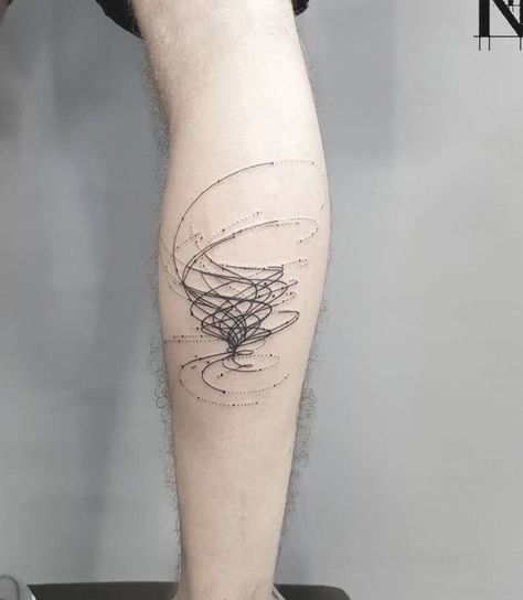 Abstract storm tattoo on the right calf Storm Tattoos For Guys, Fine Line Storm Tattoo, Storm Tattoo Ideas, Storm Tattoo For Women, Wind Tattoo Ideas, Abstract Tornado, Tornado Tattoo, Net Tattoo, Wind Tattoo