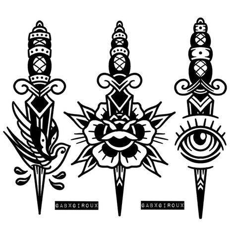 Koch Tattoo, Traditional Dagger Tattoo, Traditional Tattoo Stencils, Traditional Tattoo Drawings, Traditional Black Tattoo, Traditional Tattoo Old School, Traditional Tattoo Inspiration, Traditional Tattoo Flowers, Traditional Tattoo Sleeve