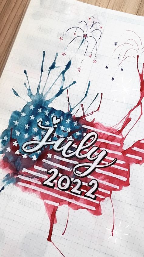 shico_journals on Instagram: Bullet Journal July 2022 cover page ♥️💙🤍 #bujovideo #bujogirl #bujocoverpage #bujomonthly #julycoverpage #bulletjournal #bulletjournalist… 2022 Cover Page, Bullet Journal Cover, Journal Cover, July 2022, Cover Page, All American, Gratitude Journal, Cover Pages, July 4th