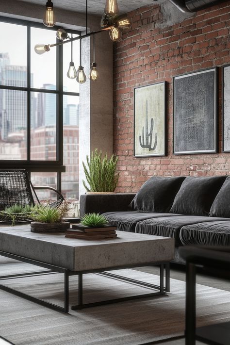 Explore this chic urban loft living room decor, perfect for blending industrial style with cozy comfort. The exposed brick and greenery create a vibrant and inviting atmosphere. #LivingRoomDecor #UrbanStyle #HomeInspiration Office With Exposed Brick, Chelsea Deboer Style Home, Brickwall Interiors Living Room, Mill Apartment Decor, Urban Living Room Decor, Exposed Brick Walls Living Room, Living Room With Exposed Brick, Urban Loft Living Room, Exposed Brick Living Room