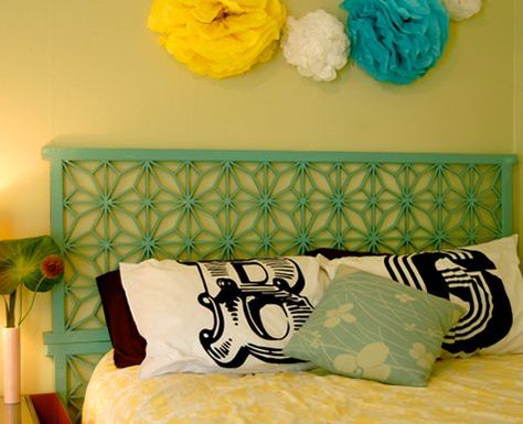 DIY on design sponge http://jamiebrock.hubpages.com/hub/Home-Decorating-on-a-Budget-DIY-Headboard-Ideas Folding Screen Headboard, Screen Headboard, Homemade Headboards, Cool Headboards, Make Your Own Headboard, Room Divider Headboard, Old Headboard, Headboard Ideas, Diy Headboards