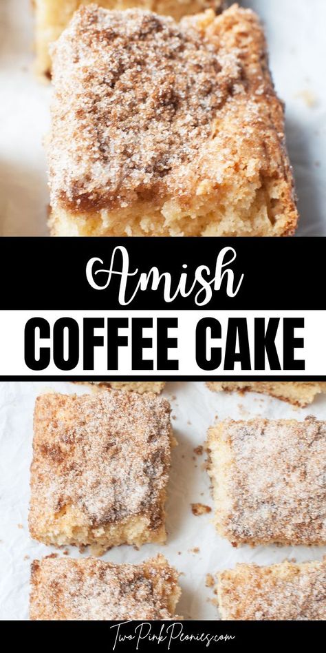 Text that says Amish coffee cake above and below the text are images of coffee cake slices (coffee cake slices with lots of cinnamon and brown sugar topping). Cake Recipe With Sour Cream, German Coffee Cake, Recipes Using Sour Cream, The Best Coffee Cake, Best Coffee Cake, Coffee Cake Loaf, Sour Cream Desserts, Homemade Coffee Cake, German Coffee