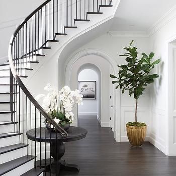 Curved Staircase Wall with Black Round Table Foyer Staircase, Staircase Wall, Staircase Decor, Ficus Tree, Foyer Decor, Entrance Foyer, Staircase Railings, Foyer Decorating, Foyer Design