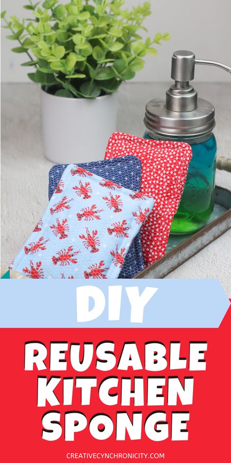 This DIY reusable kitchen sponge is so handy! You can make them in colors and designs that you like to coordinate with your kitchen and when they are soiled, simply toss them in the washing machine with a load of towels. How To Make Dish Scrubbies, Diy Reusable Napkins, Cotton Batting Crafts, Diy Dish Scrubbies Sew, Reusable Sponge Diy, Homemade Sponges, Diy Washcloths, Cotton Sewing Projects, Plate Cozies