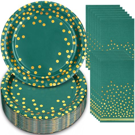 PRICES MAY VARY. Classic Green Foil Gold Design：These green plates and napkins party supplies are designed with a dark green background and dotted with many attractive gold foil dots around, adding color to your table and bringing a fresh and natural atmosphere that will surely be loved by everyone.These emerald green paper plates will make your party vibrant. 10 inch Paper Plates :The green plates and napkins set comes with 50 pieces of 10 inch green party plates and 50 pieces of green dinner n Emerald Green And Gold Graduation Party, Emerald Green Graduation Party, Green And Gold Party Decorations, Green And Gold Party, Green Dinner, Green Dinner Plates, Gold Graduation Party, Gold Party Decorations, Green Plates