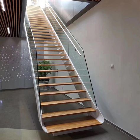 carbon steel structure with red oak wood treads, tempered glass railing Railing Modern Design, Balustrade Outdoor, Tempered Glass Railing, Loft Staircase, Red Oak Wood, Wood Staircase, Wood Stairs, Glass Railing, Steel Wood