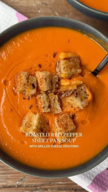 Crowded Kitchen on Instagram: "Sheet Pan Roasted Red Pepper Soup with Grilled Cheese Croutons is a meal I could NEVER get sick of. Cozy & comforting, flavorful, and even better…super easy and hands off! Just add all of your vegetables to a big sheet pan, season and roast for about 45 minutes (during which time you can tackle some other chores, or maybe just have a glass of wine & relax 😆) When the vegetables are fork tender, add them to a blender while still hot along with some hot broth and lemon juice. Blend for a minute and that’s it! Technically this formula can work for lots of different vegetables, so feel free to change things up based on what you have in the fridge. Oh, and don’t forget the grilled cheese croutons!! It’s really just grilled cheese cut into small cubes, but o Sheet Pan Roasted Red Pepper Soup Crowded Kitchen, Sheet Pan Roasted Red Pepper Soup With Grilled Cheese Croutons, Crowded Kitchen Roasted Red Pepper Soup, Crowded Kitchen Sheet Pan Soup, Roasted Red Pepper Soup Sheet Pan, Roasted Red Pepper Sheet Pan Soup, Sheet Pan Soup Crowded Kitchen, Sheet Pan Roasted Red Pepper Soup, Sheet Pan Soup