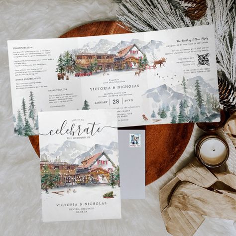 Chalet Wedding, Ski Resort Wedding, Ski Wedding, Illustrated Invitations, Wedding Invitation Templates Rustic, Christmas Wedding Invitations, Boho Desert, Wedding Itinerary, Winter Wedding Invitations