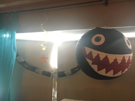 Mario Chain Chomp from paper lantern Mario Chain Chomp Diy, Mario Chain Chomp, Mario Halloween, Mario Bros Birthday Party Ideas, Chain Chomp, Baby Boy Birthday Themes, Mario Theme, Paper Lantern Decor, Mario Bros Birthday