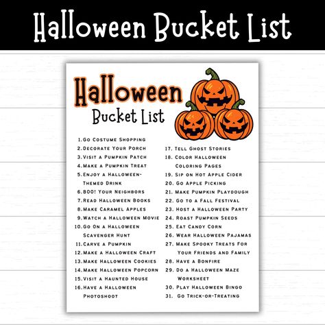 Spooky-Fun Printable Halloween Bucket List for Kids and Families! 🎃👻 Unveil the magic of the Halloween season with this kid-friendly Halloween Bucket List! Perfect for young ghouls and goblins who are eager to make the most out of the spookiest time of the year. Why this Halloween Bucket List stands out: Bright graphics that are bound to captivate your child's imagination and get them in the Halloween spirit. Wholesome Fun: From pumpkin carving to trick-or-treating, our bucket list ensures a wholesome seasonal experience, celebrating both classic and contemporary Halloween joys. Memory Making: Each activity is an opportunity to create lasting memories. Snap photos of each completed task and make a keepsake album of your little one's Halloween adventures. Interactive Design: Kids can cros Halloween Bucket List For Kids, 31 Days Of Halloween Activities, 31 Days Of October, October Bucket List, Spooky Activities, Halloween Bucket List, Interaktives Design, Bucket List Printable, Halloween Movie Night