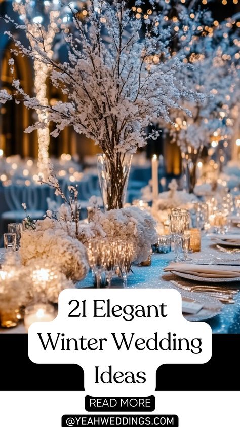 An elegant winter wedding setup with stunning décor and cozy venue, perfect for creating a magical winter wonderland celebration. Winter Theme Wedding Centerpieces, Elegant Wedding Lights, Christmas Wedding Centerpieces Diy Winter Wonderland, Winter Forest Wedding Centerpieces, Frozen Winter Wedding, December Wedding Ideas On A Budget, Winter Conservatory Wedding, Winter Engagement Decorations, Snowy Wedding Reception