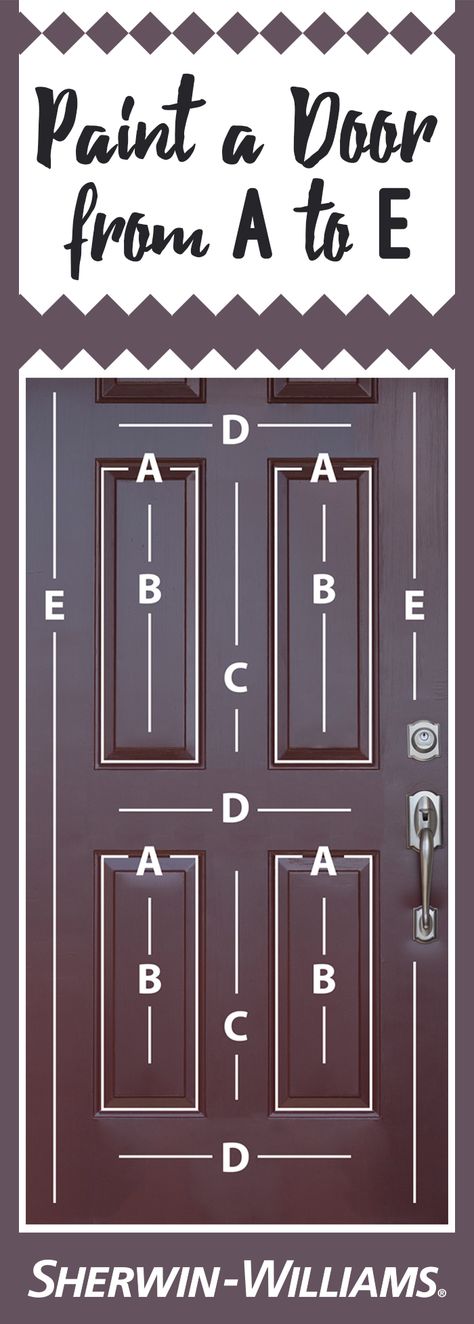 Looking for the best way to paint a beveled door? It’s easy! Start with Area A, using an angled brush to paint all recessed areas. To prevent brush marks on the larger, smooth areas of your door (B-E), line the recessed areas with painter’s tape. Next, move on to Area B, painting each subsequent area in alphabetical order. Use a brush or roller, making sure with each stroke that the fresh paint you are overlapping is still wet. This will help to avoid paint streaks. Entryway With Black Door, Bronze Front Door Paint, Modular Farmhouse, Thrifty Christmas, Paint Doors, Door Painting, Trim Paint, Chirstmas Decor, Painting Instructions