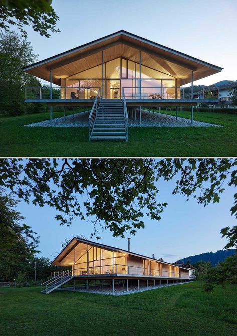 The timber construction of this modern house was mostly made from local woods, and is elevated on stilts to protect it from flood. Small Stilt House, Modern House On Stilts, Flood Zone House, Stilts House, Raised Houses, Flood Proof House, Stilt House Plans, Lake Sebu, Cabin On Stilts