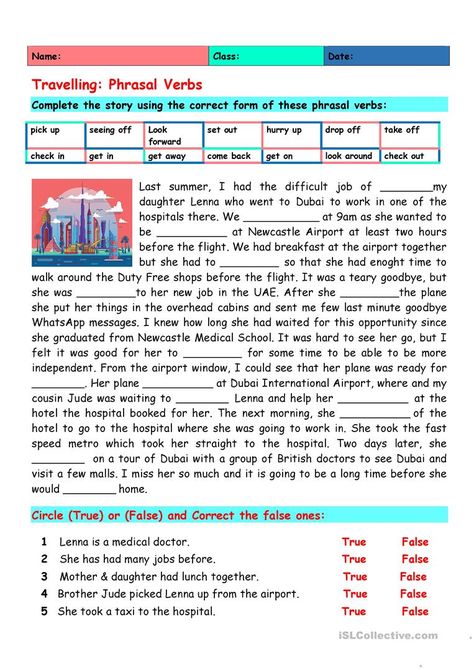 Travelling: Phrasal Verbs - English ESL Worksheets for distance learning and physical classrooms Travel Phrasal Verbs, Ielts Worksheets, Phrasal Verbs Worksheet, Esl Travel, Esol Worksheets, Esl Reading Comprehension, Kids Handwriting Practice, Life Skills Class, English Grammar Exercises