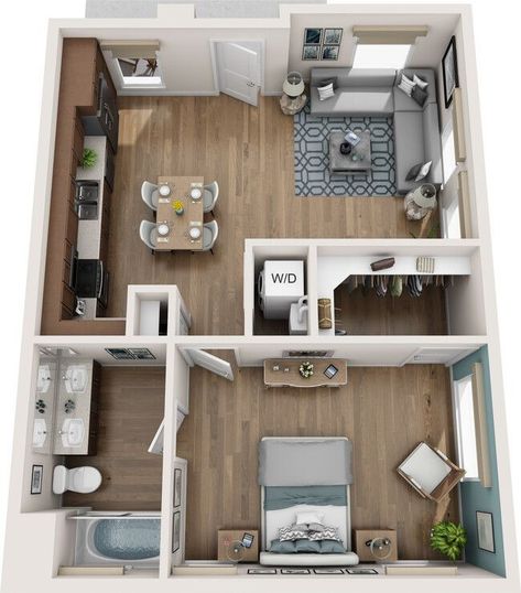 Apartment Layout 1 Bed, One Bedroom Apartment Ideas Floor Plans, One Room Apartment Layout, Apartment Blueprints, Small Apartment Floor Plans, Dream House Design, Small Apartment Layout, Small Apartment Plans, House Floor Design