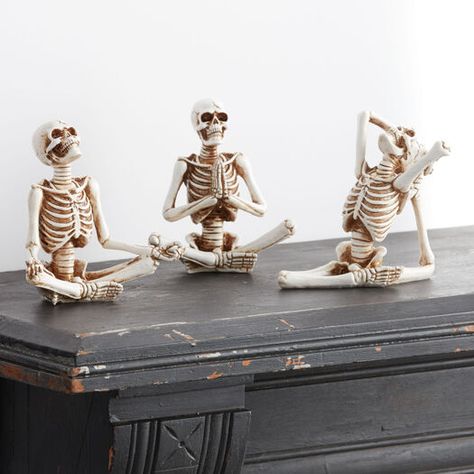 Perfectly posed and delightfully undead, our yoga-inspired set includes a trio of serene, seated skeletons. Accented with an antique finish, they bring bone-chilling, spirit-centering style to your Halloween decor. Yoga Skeleton, Skeleton Decor, Boho Halloween, Skeleton Decorations, Skull Lover, Unique Halloween, World Market, Yoga Inspiration, Halloween Treats