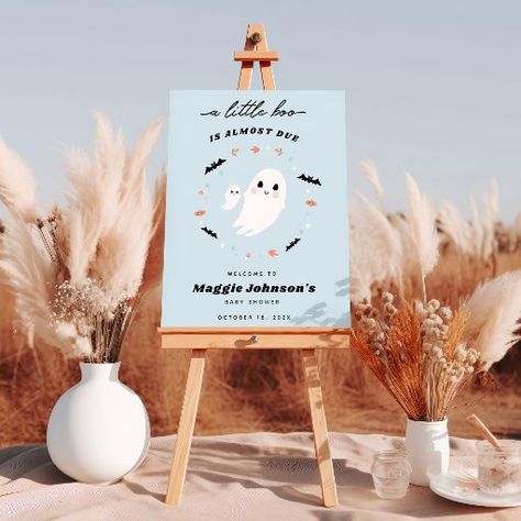 Little Boo Halloween Blue Baby Shower welcome sign Little Boo Is Almost Due, Spooky Signs, Pastel Blue Background, Halloween Baby Shower Theme, Shimmer Lights, Shower Welcome Sign, Baby Shower Welcome Sign, Blue Baby Shower, Halloween Theme