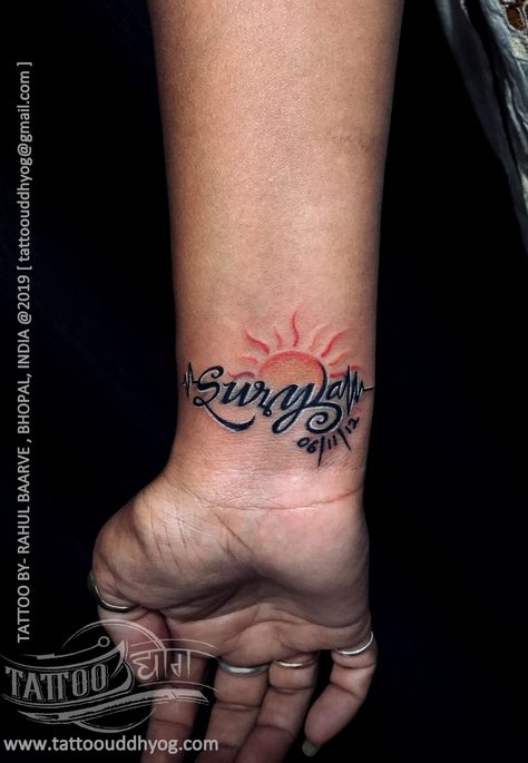 Surya Tattoo Design, Side Wrist Tattoo Words, Font Tattoo Ideas, Birth Date Tattoo, Side Wrist Tattoo, Tato Nama, Wrist Tattoos Words, Date Tattoo, Tattoo Words