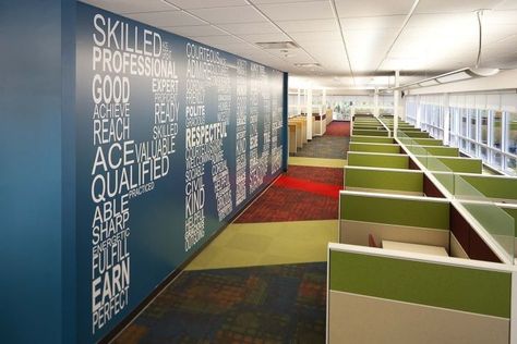 Sykes Enterprises Call Center Interior Office Design with #hermanmiller canvas Call Center Interior Design, Call Center Office Design, Call Center Design, Office Graphics, Interior Office, Lakeland Florida, Office Branding, Corporate Interiors, Bureau Design