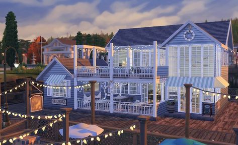 TS4: Sea Breeze restaurant by Sooky A seafood restaurant with a gorgeous view of the sea, a cute place for romantic dates and family special dinners. DOWNLOAD Sims 4 Restaurant, Brindleton Bay, Legacy Challenge, Sims Freeplay Houses, Sims Inspiration, At Home Dates, Sims 4 Challenges, Sims Houses, Sims Builds