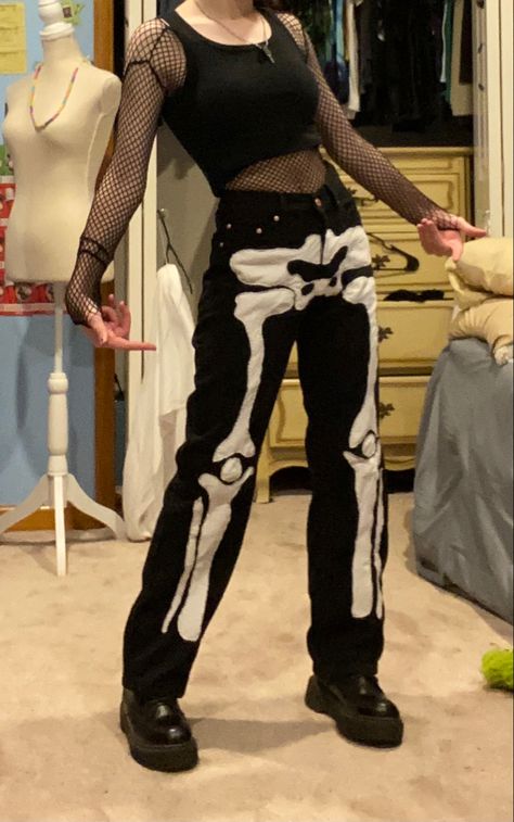 i made the pants, the actual pants are from sears and the white is just a tshirt Skeleton Painted Jeans, Diy Skeleton Pants, Skeleton Legs Pants, Drawn On Pants, Halloween Pants Diy, Skeleton Pants Outfit, Diy White Tshirt Ideas, Painted Tshirts Aesthetic, Bleached Pants Ideas