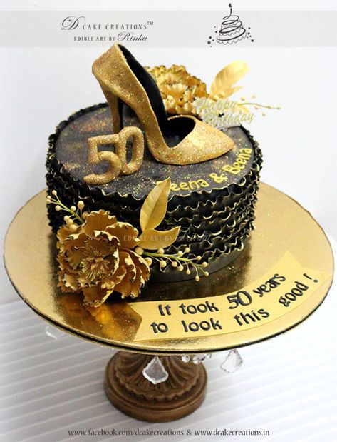 Cake Designs For 50th Birthday For Women, 50th Birthday Cake For Women Unique, Birthday Cake For Adults Women, Birthday Cake For Adults, Groot Koeke, 50th Birthday Cake For Women, Gold Shoe, Shoe Cakes, 50th Cake